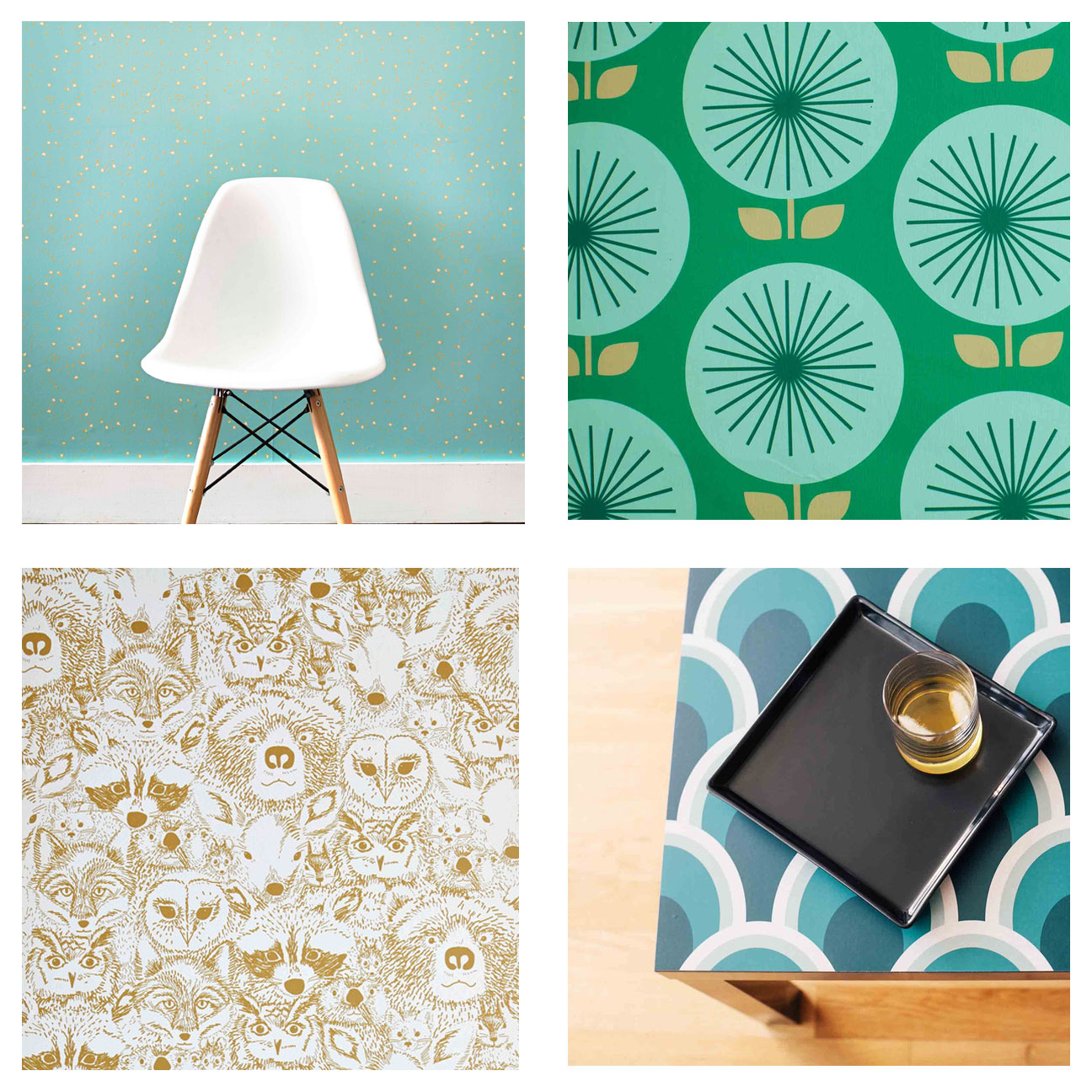 Chasing Paper Removable Wallpaper (Star Bright, top left; Sunburst, top right; Wild, bottom left; and Teal Teardrop, bottom right