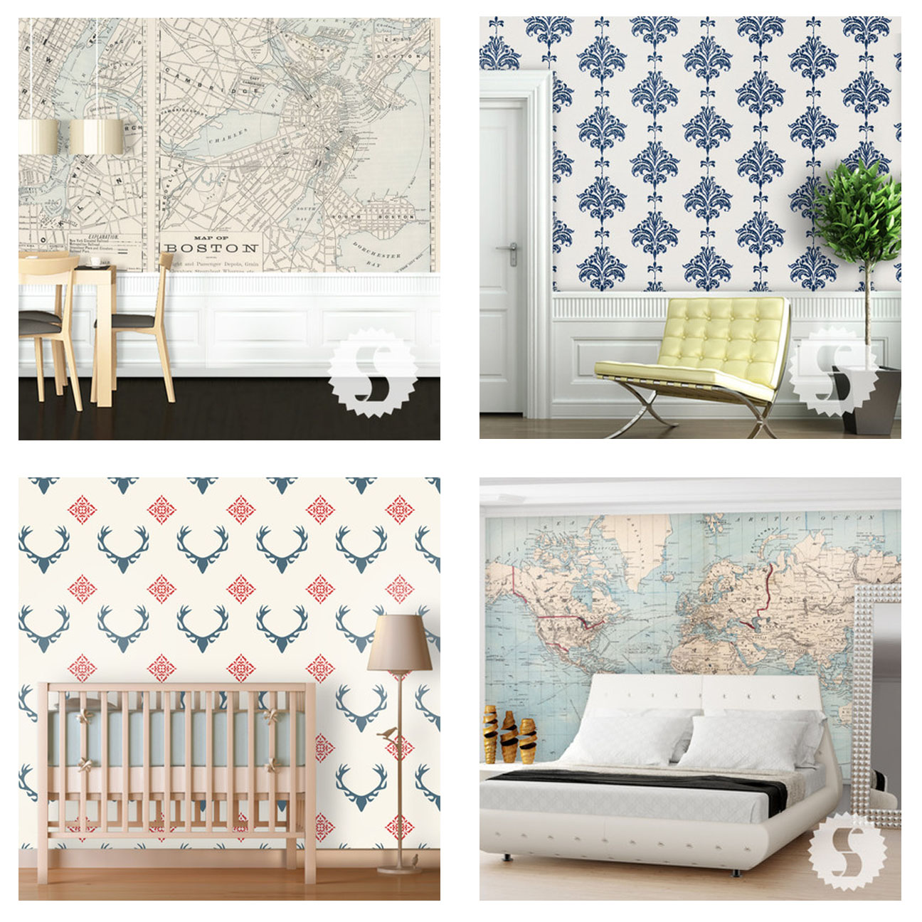 Swag Paper Removable Wallpaper (Boston - Retro, top left; Ikat - Navy, top right; Antlers - Retro, bottom left; and Map of the World - Vintage, bottom right)