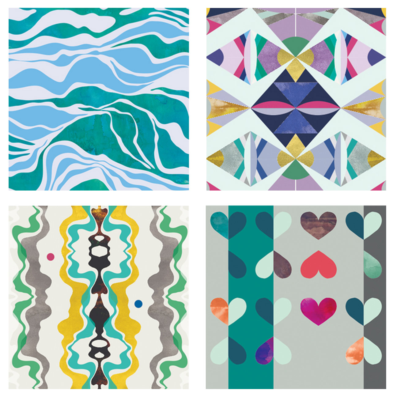 Timothy Sue Removable Wallpaper (Waterways - Seafoam, top left; Coconino - Cactus Bloom, top right; Sixty Seven - Yellow Earth, bottom left; and Hearts Apart - Teal Purple, bottom right)